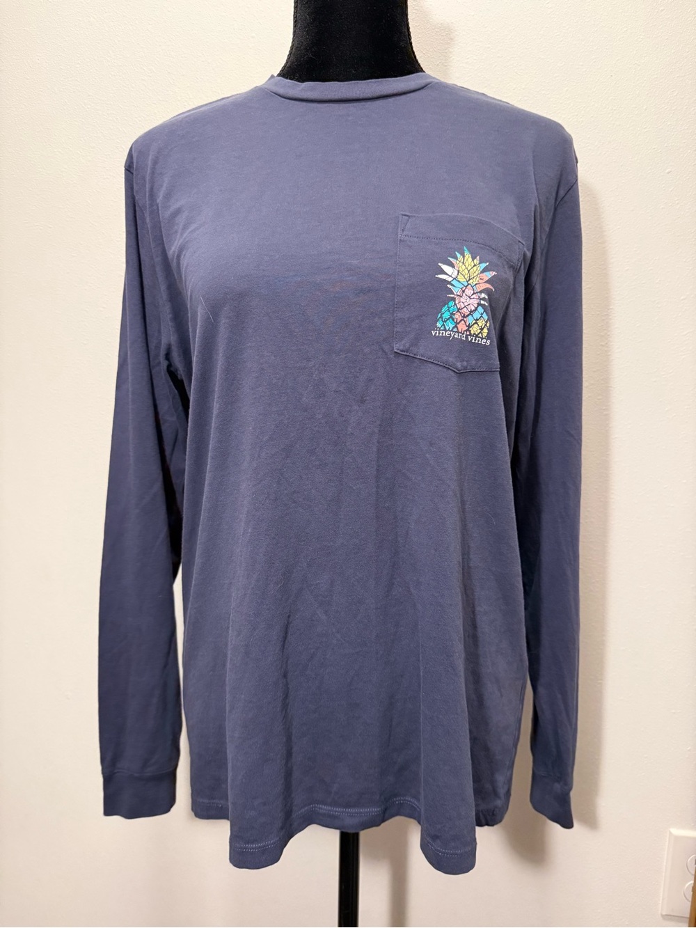 Vineyard Vines Slate Blue Long-Sleeve Pocket Tee with Pineapple Pocket Art